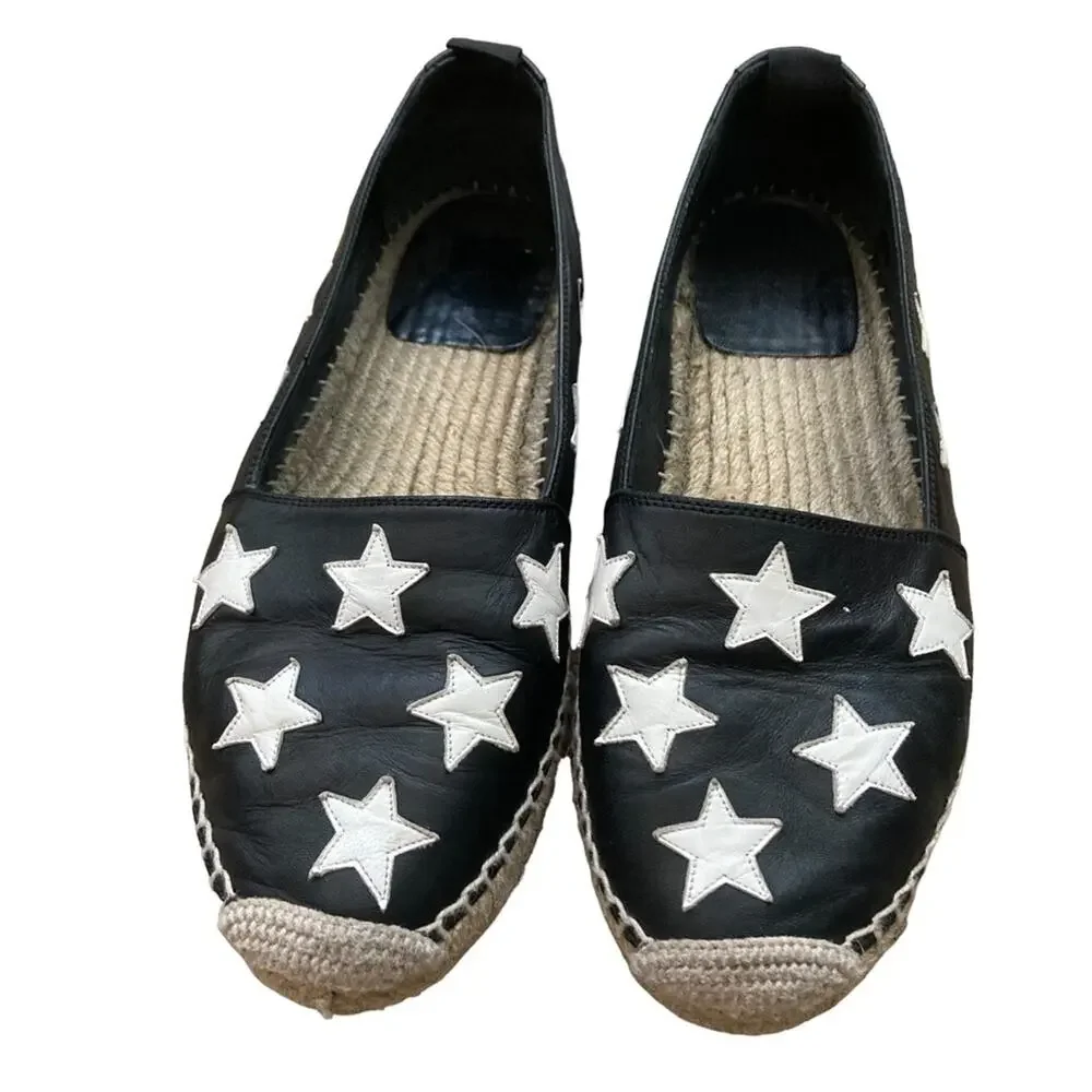 Yves Saint Laurent Black & White Leather Star Flat Espadrilles Size 39 or 9.